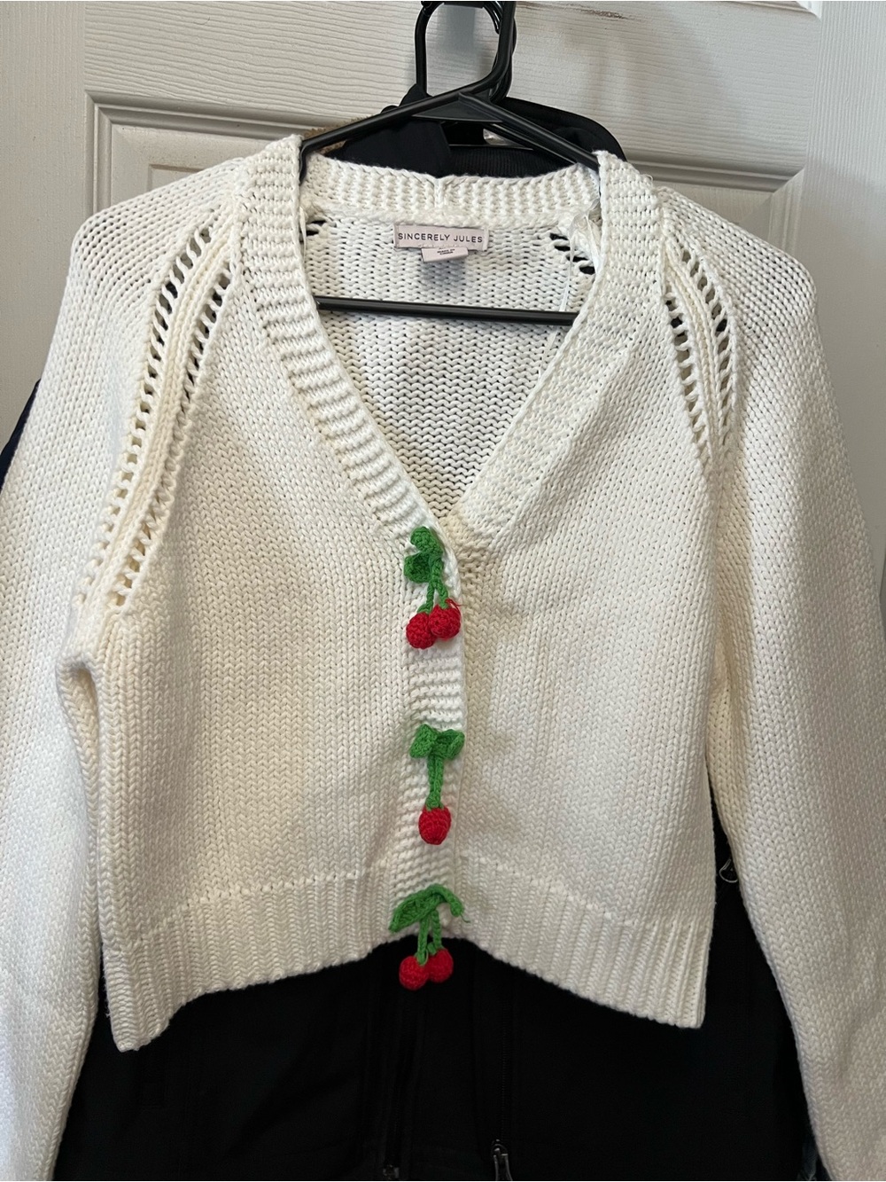 Sincerly Jules White Knit Cardigan with Cherry Accents